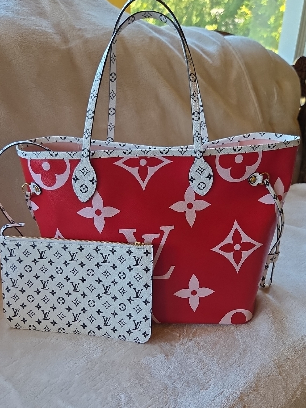 Louis Vuitton Red and White Giant Monogram Neverfull Tote with Pouch